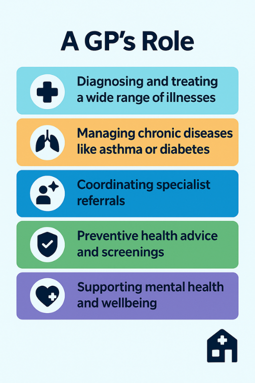 GP’s role : diagnose and treat, manage chronic conditions, coordinate referrals, preventive care, mental health. Northern Beaches GP