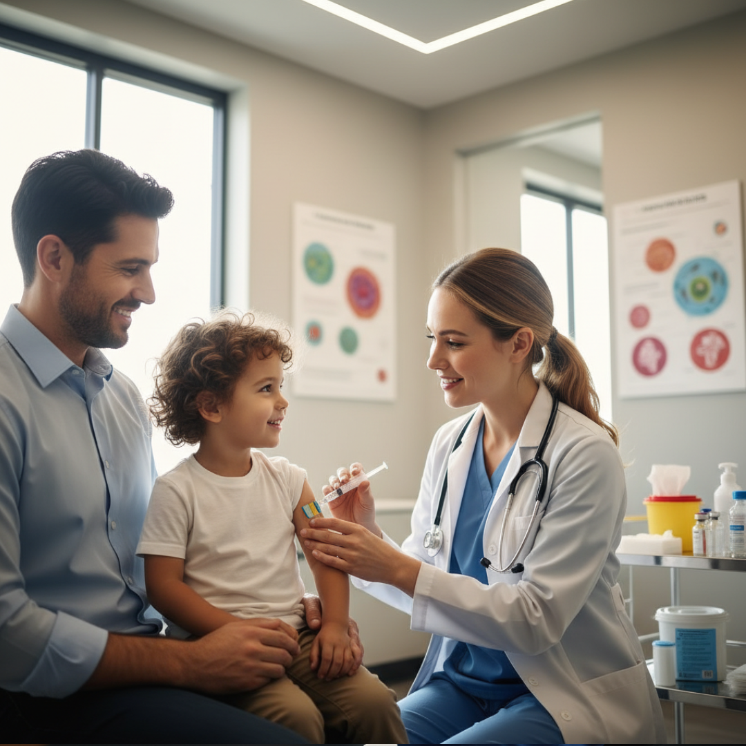 A nurse gently giving a childhood vaccination to a smiling child while the parent watches supportively in a bright, clean clinic.