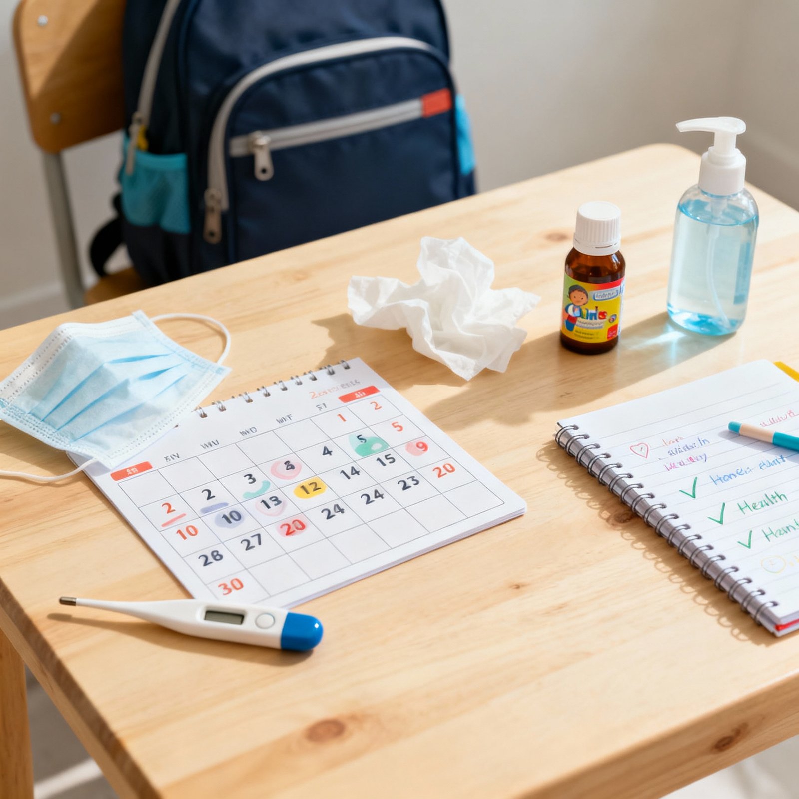 Flat-lay of children's health items including thermometer, calendar, medicine, and school supplies for tracking exclusion periods