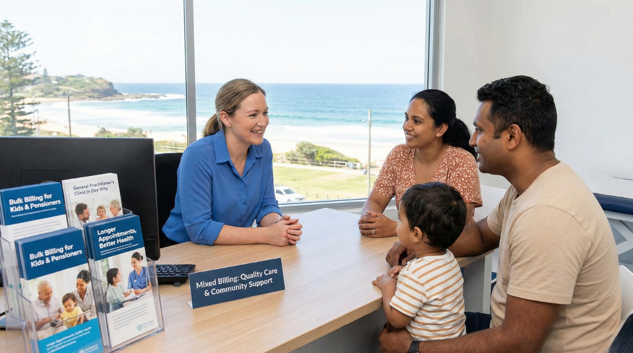 A female doctor consulting with a family at a clinic overlooking the beach, with brochures displaying Bulk Billing GP Dee Why services for children and pensioners.