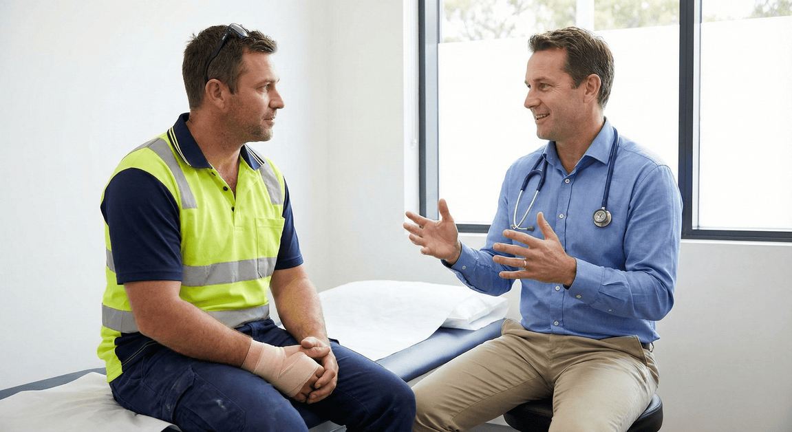 A pregnant woman consulting with her GP during a routine antenatal care appointment, with a pregnancy health record and ultrasound screen visible in the clinic setting.