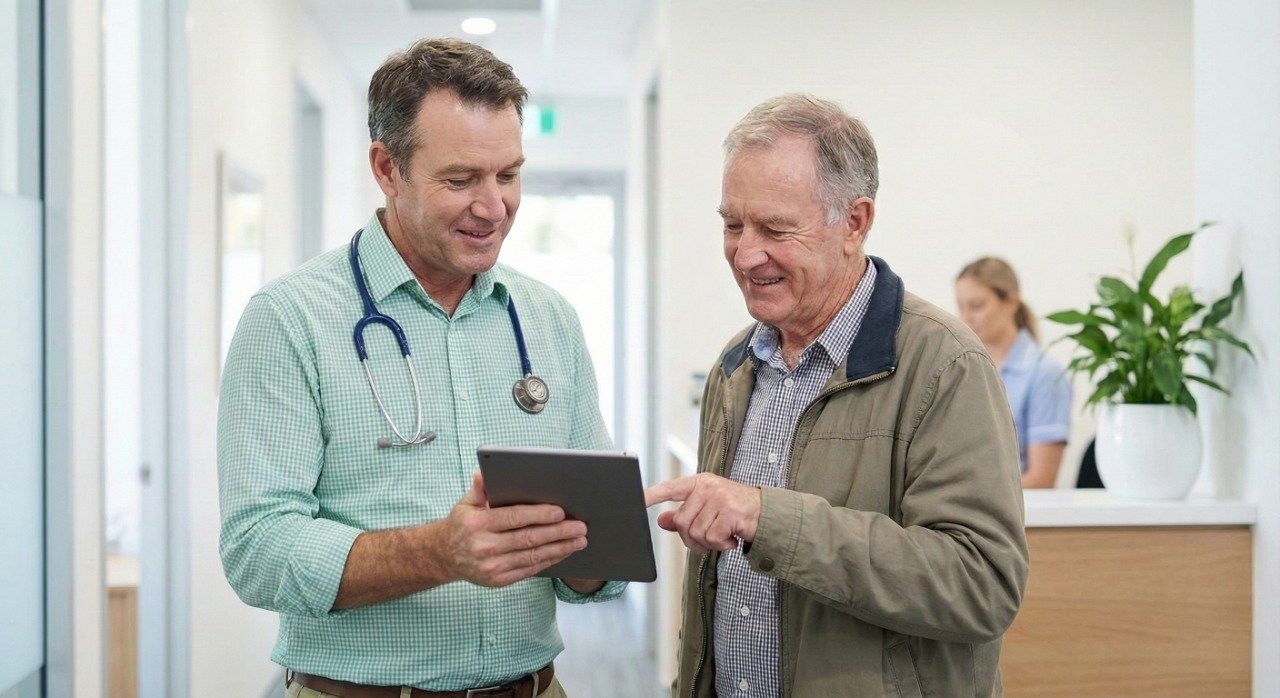 A middle-aged man wearing a grey t-shirt standing on Dee Why beach with the ocean pool in the background, representing healthy living and proactive health habits.