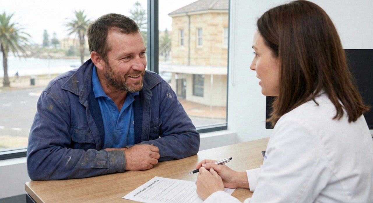 A middle-aged man in work clothes sitting in a sunlit consulting room at Dee Why Medical Centre, talking openly with a doctor.