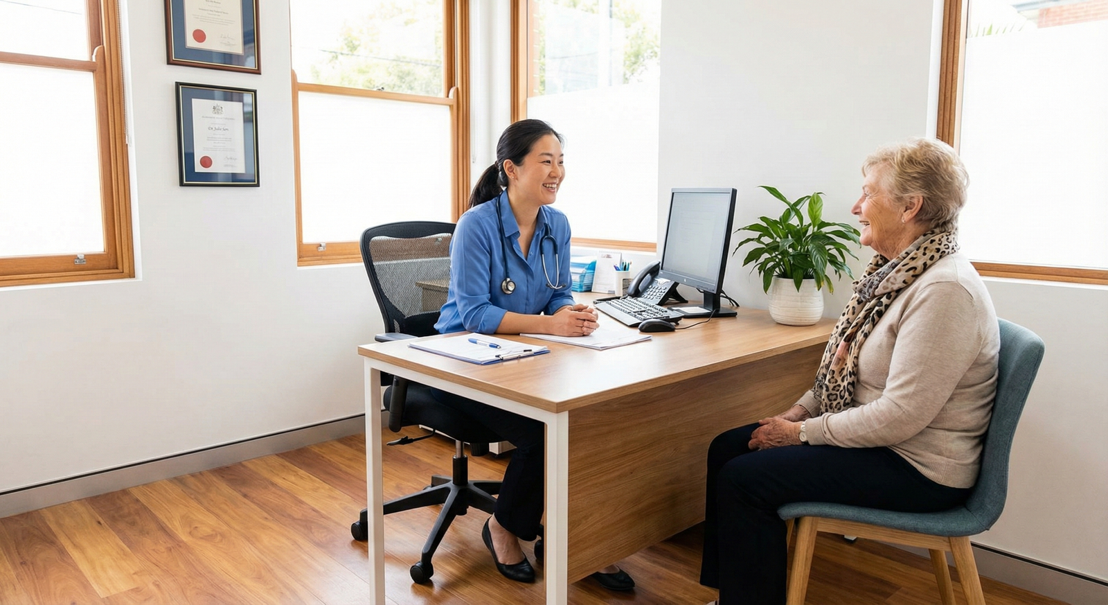 A friendly Dee Why General Practice doctor, smiling warmly during a comprehensive consultation with an elderly patient in a modern, bright exam room, illustrating the proactive medical care that helps reduce hospital admissions.